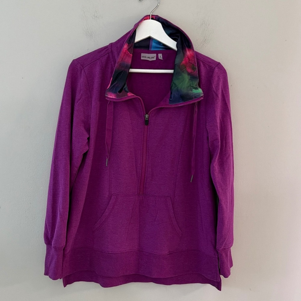 LOVE LIFE LIVE Women Magenta Purple 1/4 Zip Pullover Floral Collar Sweatshirt